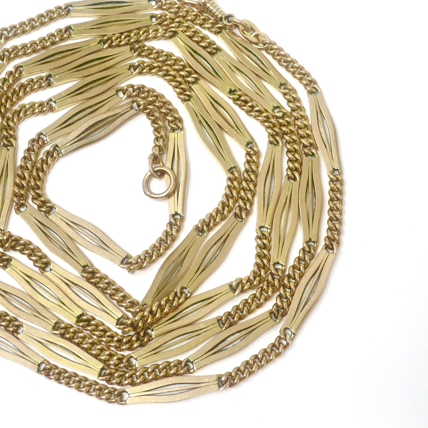 Antique Yellow 9k Gold-Filled Chatelaine Sautoir Muff Guard Fancy Link Chain Necklace