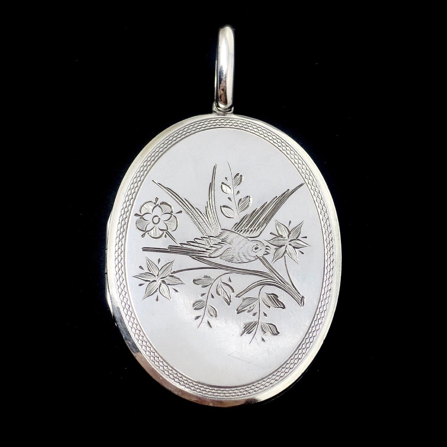 Antique Victorian Sterling Silver Swallow Locket - Aesthetic Movement Pendant