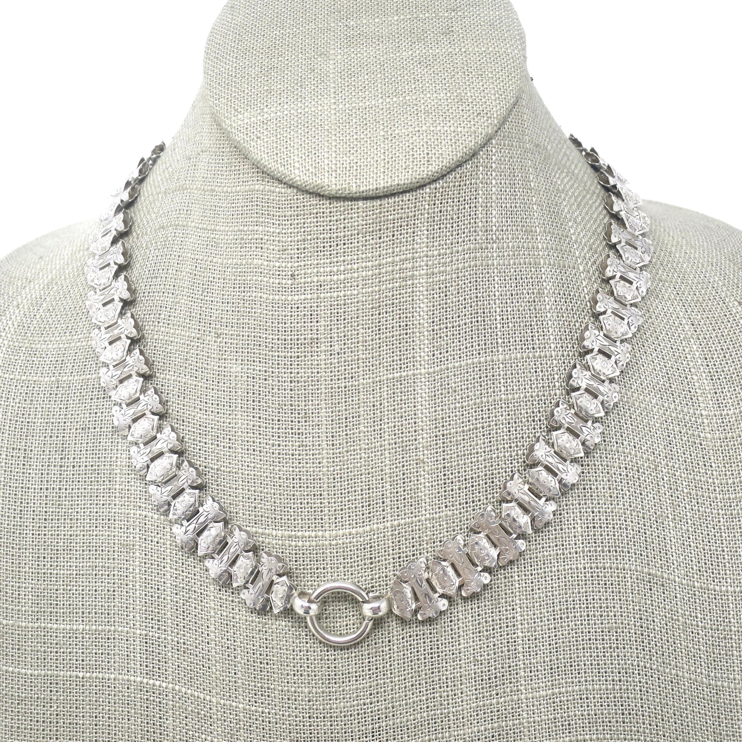 Antique Victorian 2 Sided Engraved Forget-Me-Not Flowers Sterling Silver Collar Book Chain Necklace