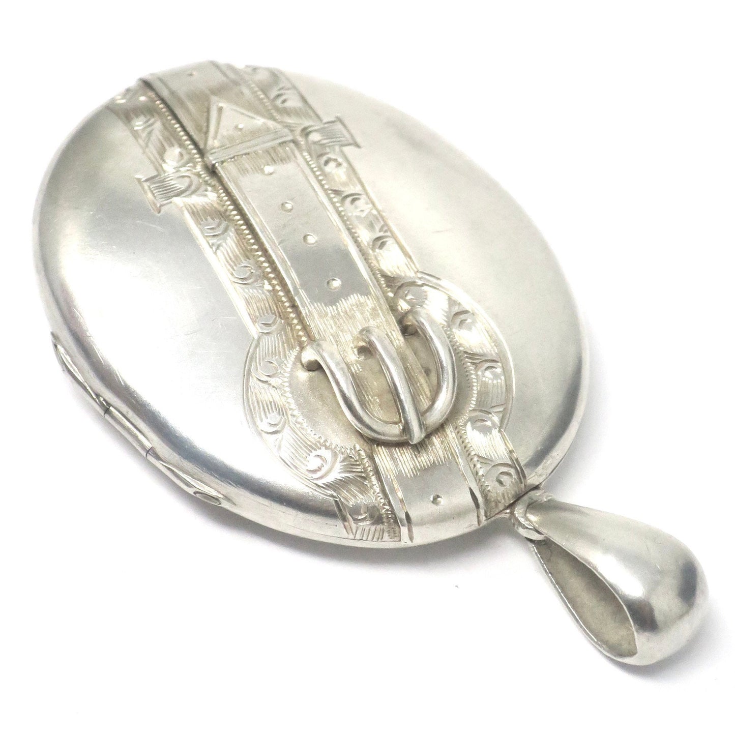 Antique Victorian Sterling Silver 3D Belt Buckle Engraved Locket Pendant