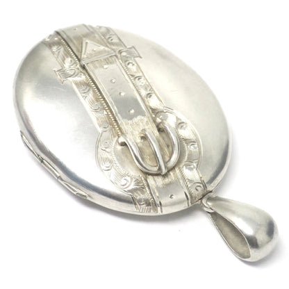 Antique Victorian Sterling Silver 3D Belt Buckle Engraved Locket Pendant