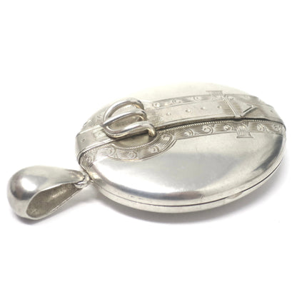 Antique Victorian Sterling Silver 3D Belt Buckle Engraved Locket Pendant