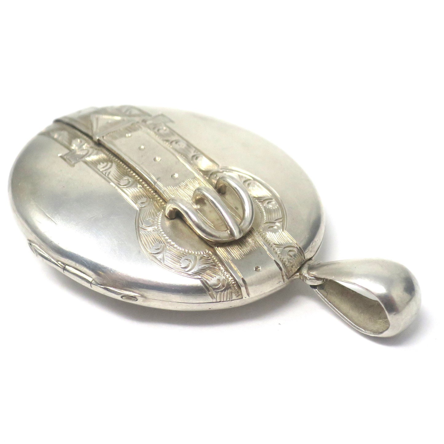 Antique Victorian Sterling Silver 3D Belt Buckle Engraved Locket Pendant