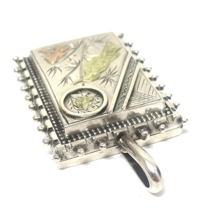 Antique Victorian Aesthetic Sterling Silver Locket Pendant, Bird, Butterfly, Dragonfly