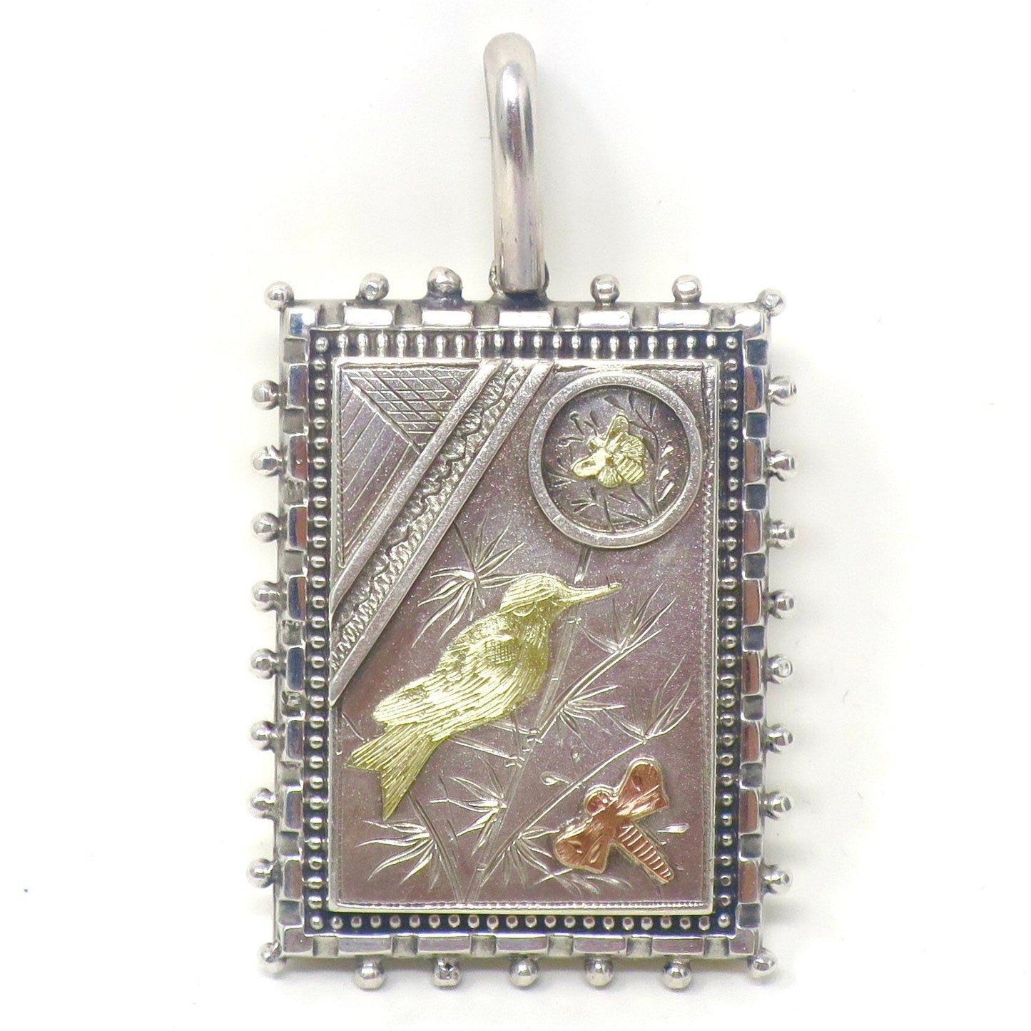Antique Victorian Aesthetic Sterling Silver Locket Pendant, Bird, Butterfly, Dragonfly