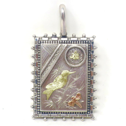Antique Victorian Aesthetic Sterling Silver Locket Pendant, Bird, Butterfly, Dragonfly