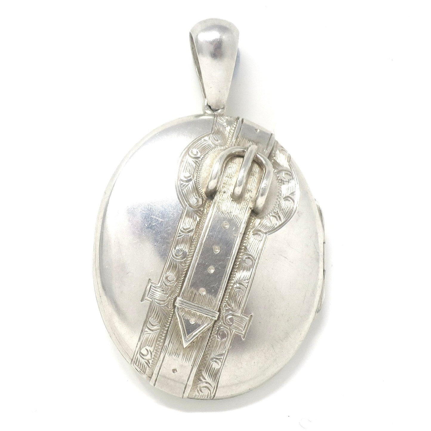 Antique Victorian Sterling Silver 3D Belt Buckle Engraved Locket Pendant