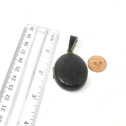 Antique Victorian 'Amity, Eternity, Infinity' Whitby Jet Mourning Black Memento Mori Locket Pendant