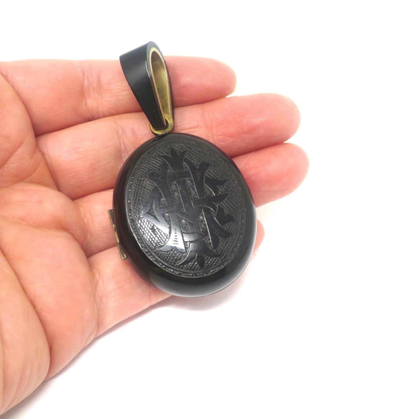 Antique Victorian 'Amity, Eternity, Infinity' Whitby Jet Mourning Black Memento Mori Locket Pendant