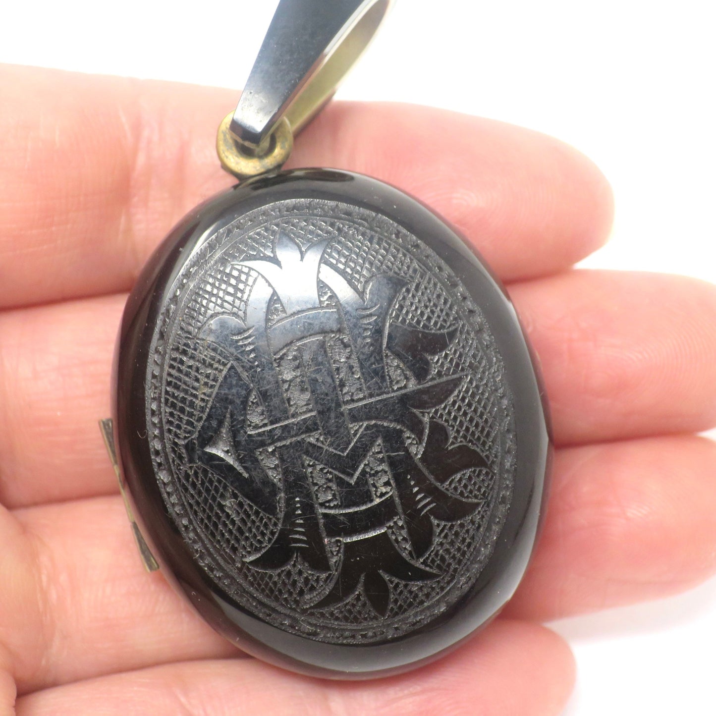 Antique Victorian 'Amity, Eternity, Infinity' Whitby Jet Mourning Black Memento Mori Locket Pendant