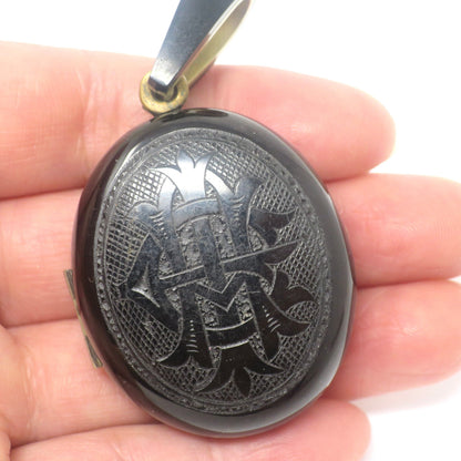 Antique Victorian 'Amity, Eternity, Infinity' Whitby Jet Mourning Black Memento Mori Locket Pendant