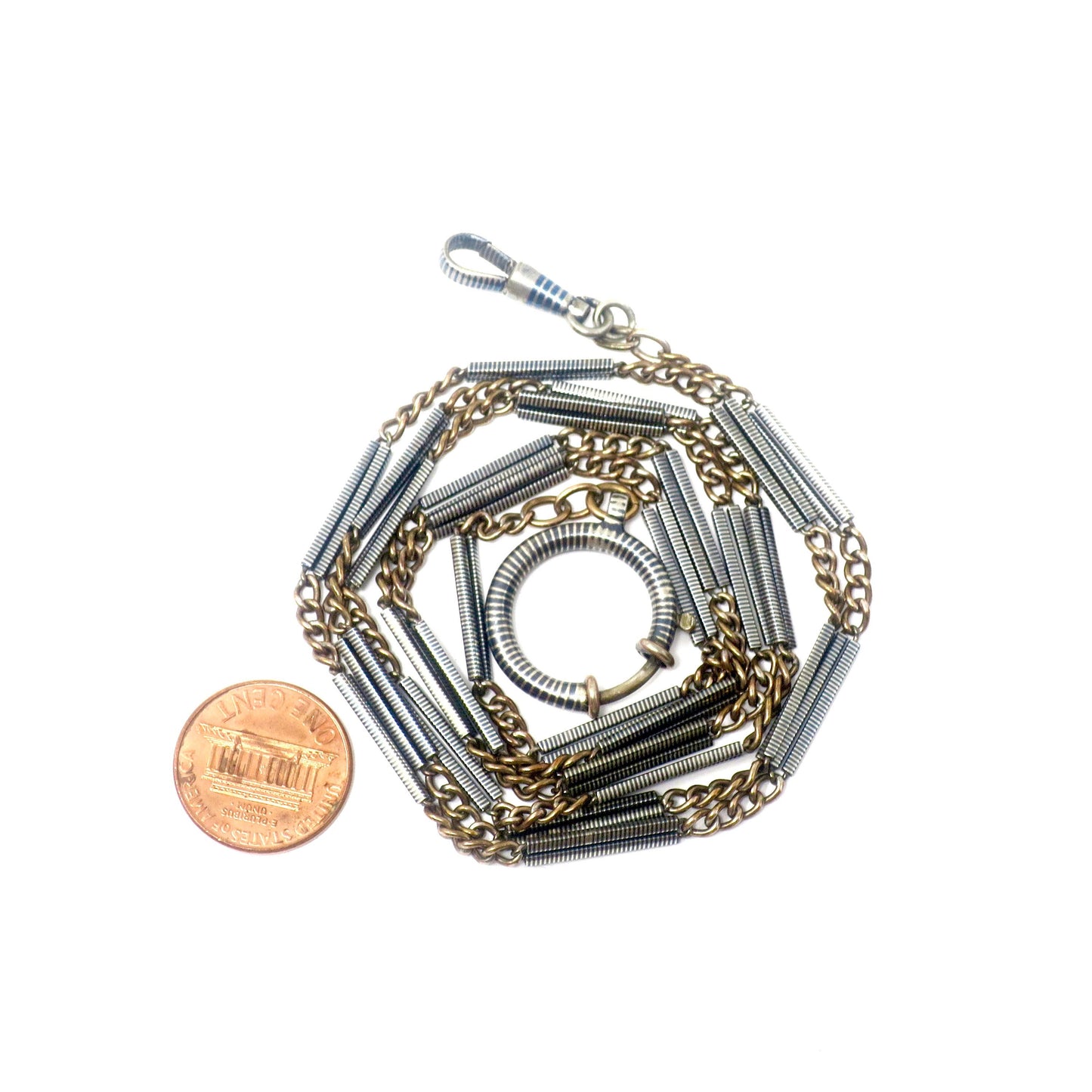Antique Victorian Niello Silver & Rose Gold Vermeil Bar Chain Necklace, 35.80" inches MB11