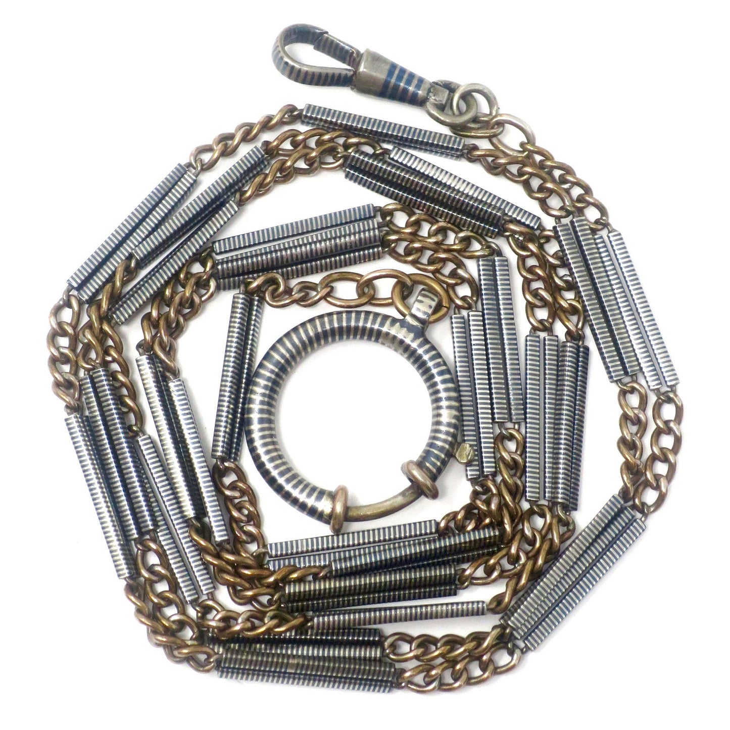 Antique Victorian Niello Silver & Rose Gold Vermeil Bar Chain Necklace, 35.80" inches MB11