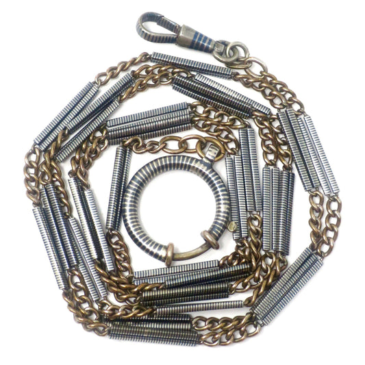 Antique Victorian Niello Silver & Rose Gold Vermeil Bar Chain Necklace, 35.80" inches MB11