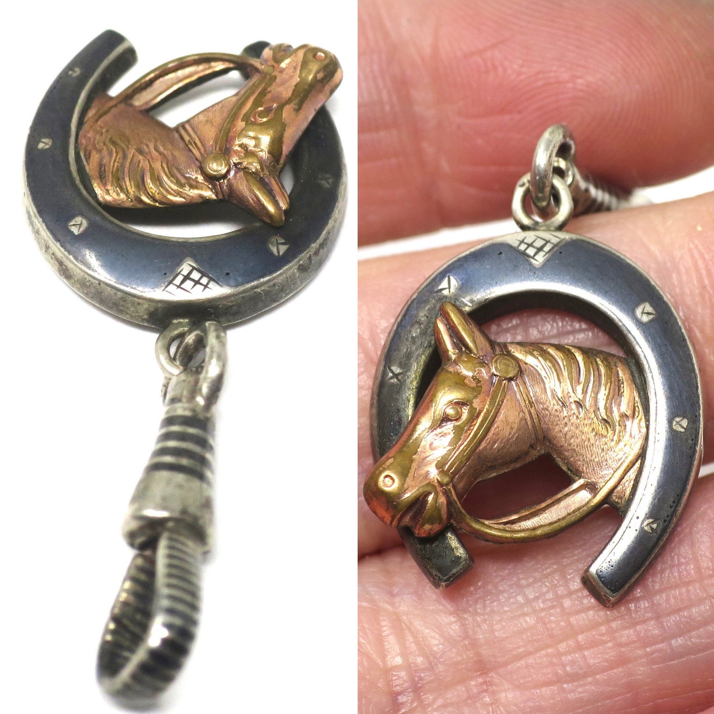 Antique Victorian 800 Niello Silver Equestrian Horseshoe Horse Head Charm N22