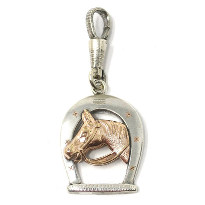 Antique Victorian Silver & Rose Gold Gilt Equestrian Horseshoe Horse Head Charm N7