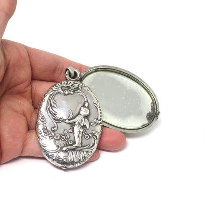 Large French Art Nouveau European Cherub Continental Silver Slide Mirror & Locket Pendant