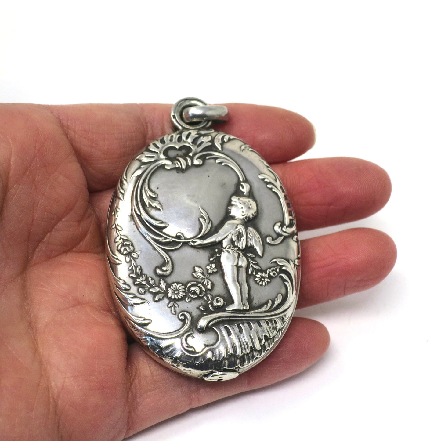 Large French Art Nouveau European Cherub Continental Silver Slide Mirror & Locket Pendant