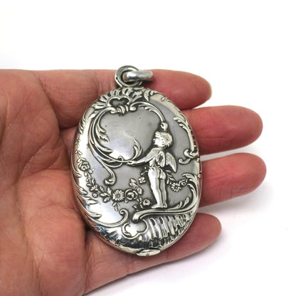 Large French Art Nouveau European Cherub Continental Silver Slide Mirror & Locket Pendant