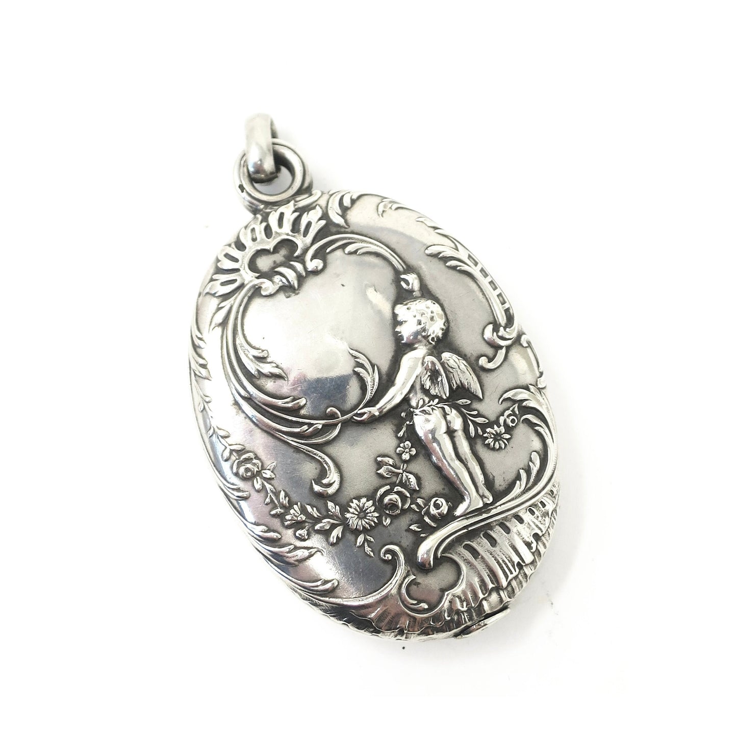 Large French Art Nouveau European Cherub Continental Silver Slide Mirror & Locket Pendant