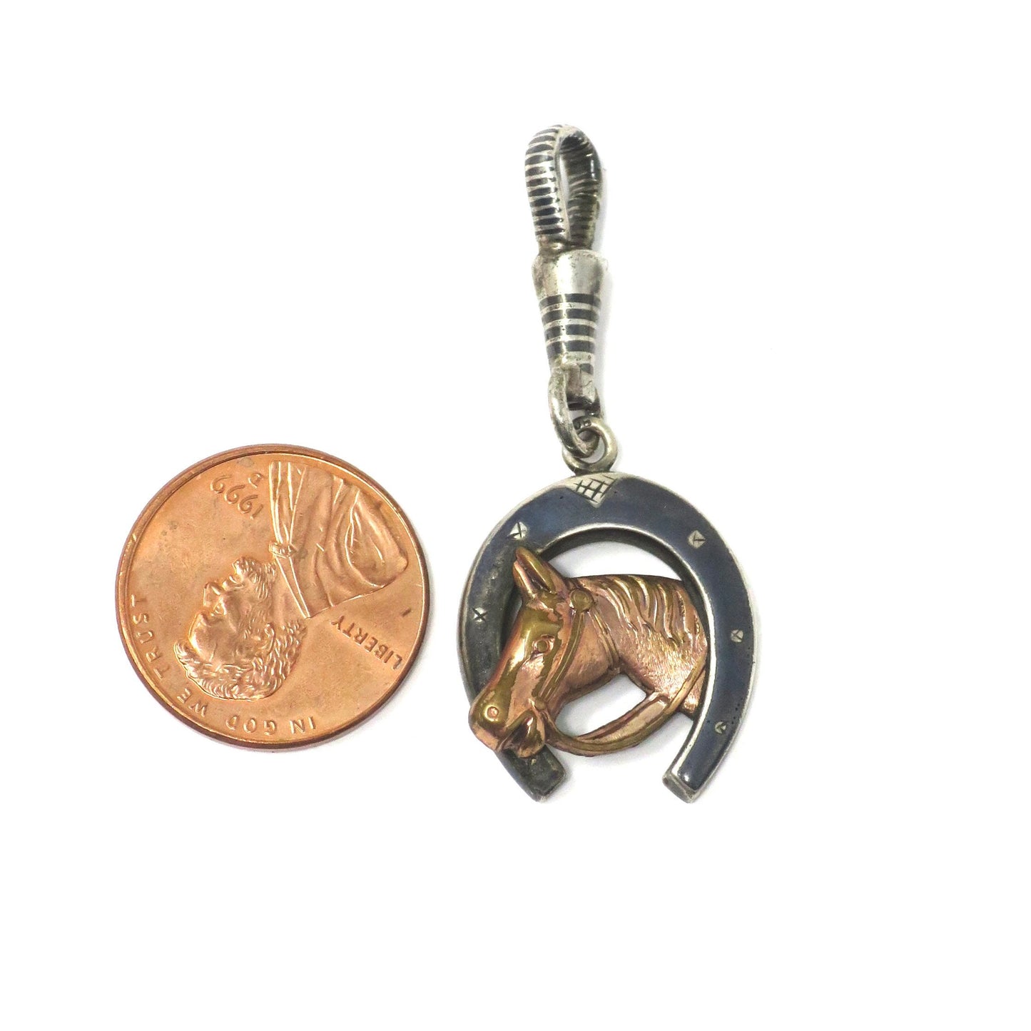Antique Victorian 800 Niello Silver Equestrian Horseshoe Horse Head Charm N22