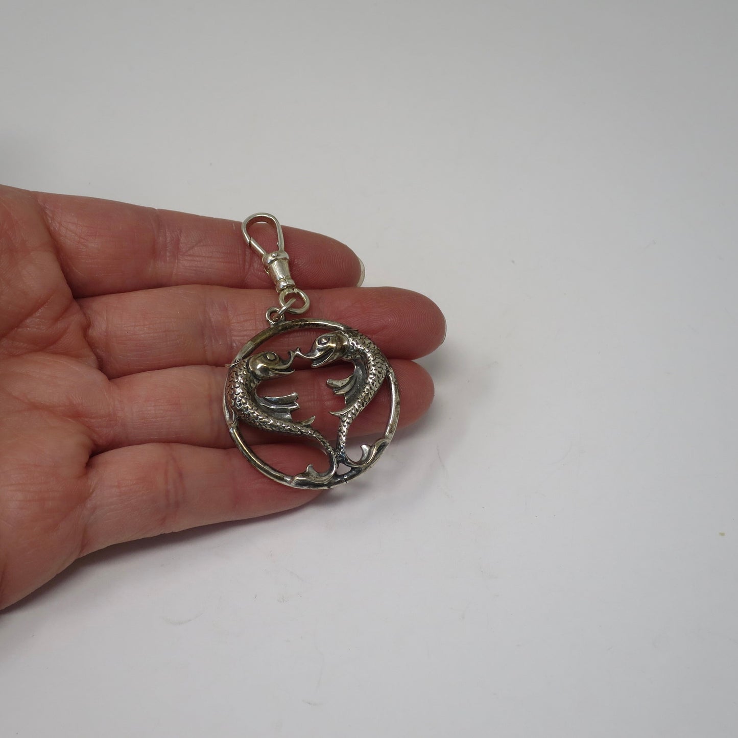 Rare Vintage Large European Sterling Silver Pisces Fish Zodiac Sign Pendant
