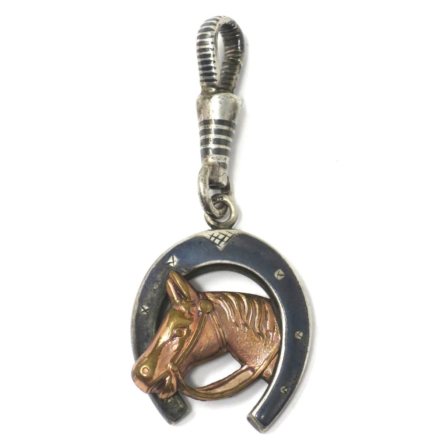 Antique Victorian 800 Niello Silver Equestrian Horseshoe Horse Head Charm N22