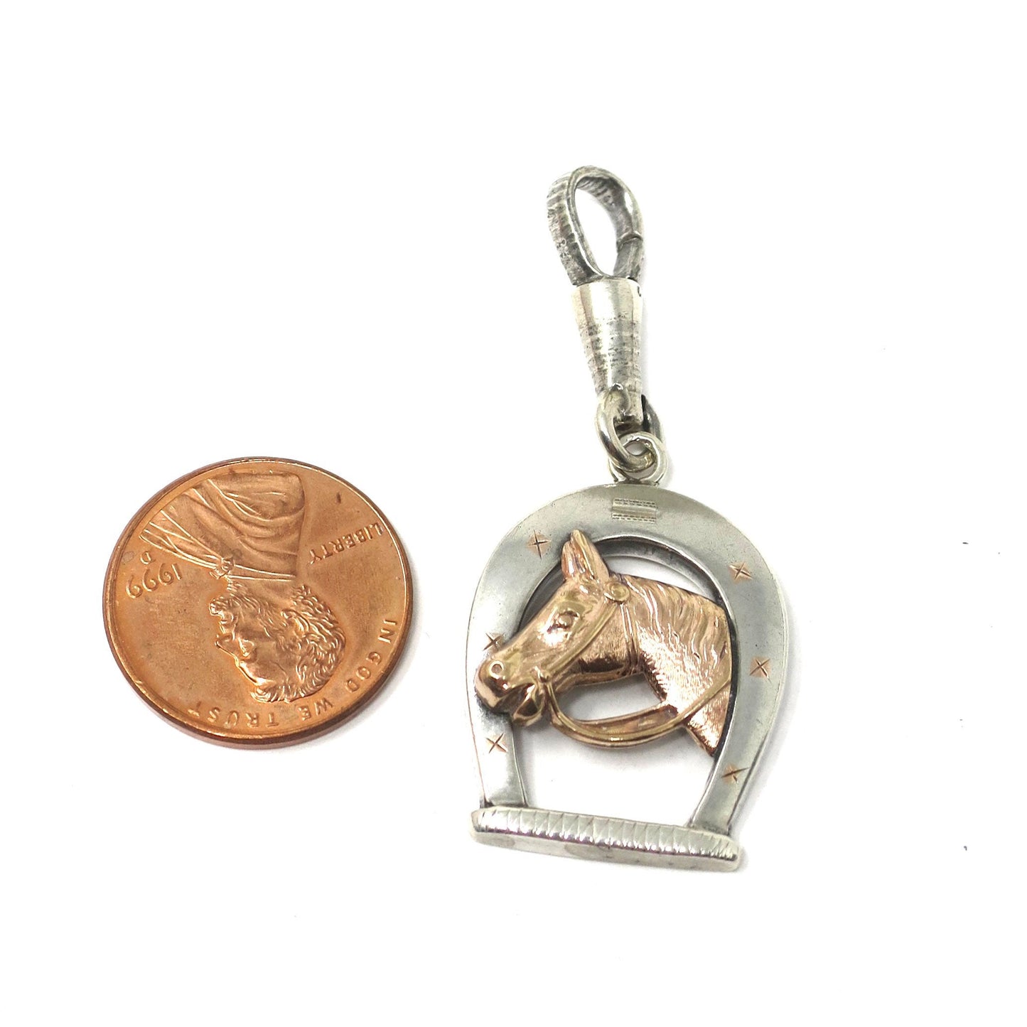 Antique Victorian Silver & Rose Gold Gilt Equestrian Horseshoe Horse Head Charm N7