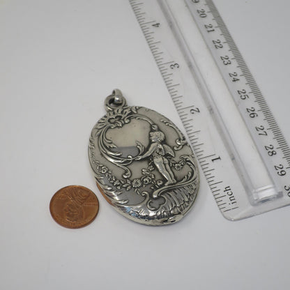 Large French Art Nouveau European Cherub Continental Silver Slide Mirror & Locket Pendant