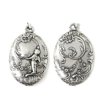 Large French Art Nouveau European Cherub Continental Silver Slide Mirror & Locket Pendant