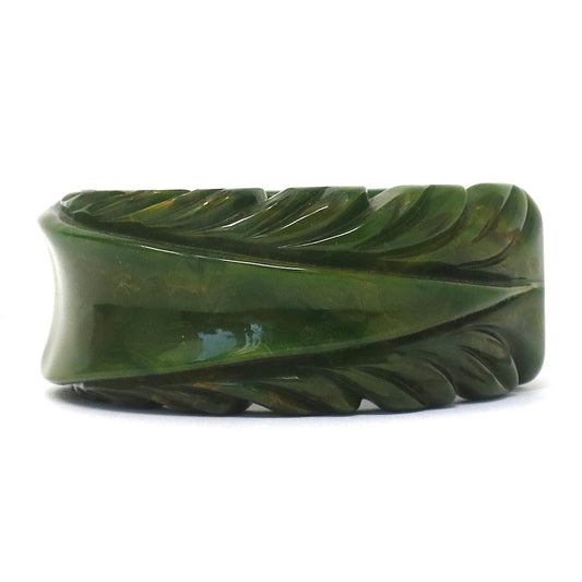 Vintage Heavily Carved Marbled Green Bakelite Clamper, Golden Yellow Veins, Hinged Catalin Bangle