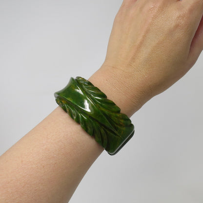 Vintage Heavily Carved Marbled Green Bakelite Clamper, Golden Yellow Veins, Hinged Catalin Bangle