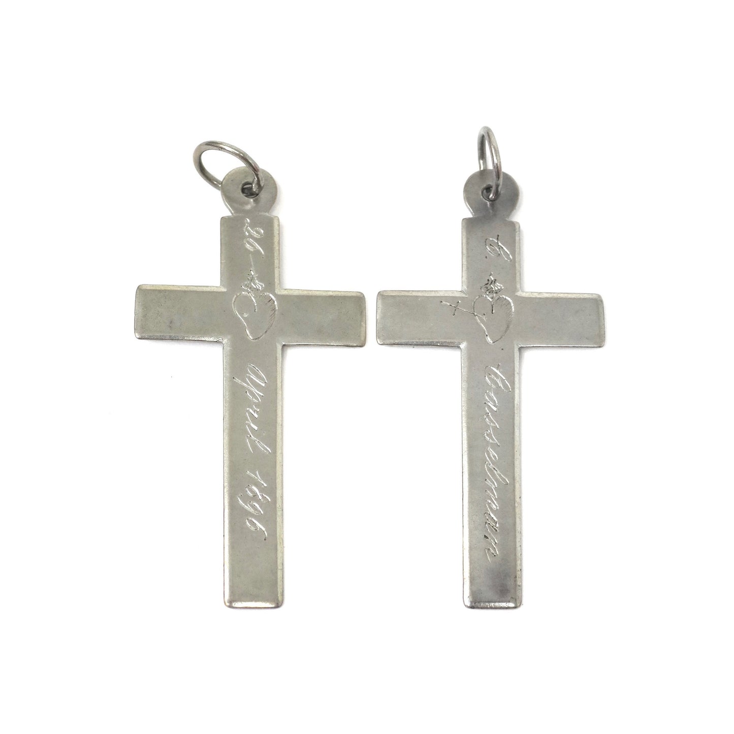 1896 Antique Silver Nun's Cross Hand Engraved with Sacred Hearts Pendant