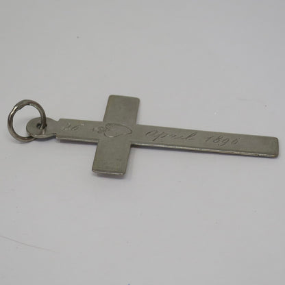 1896 Antique Silver Nun's Cross Hand Engraved with Sacred Hearts Pendant