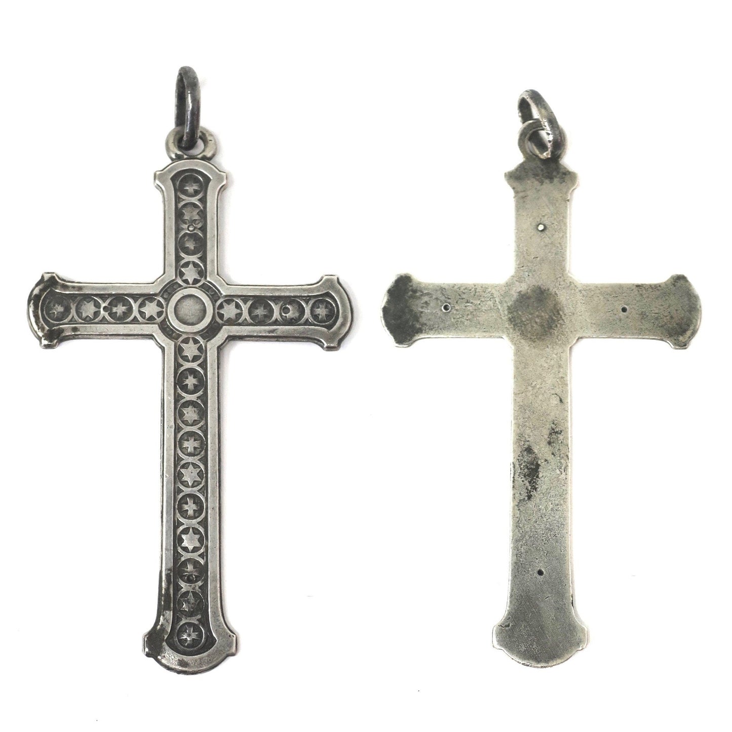 Antique French Continental Silver Engraved Stars Cross Pendant
