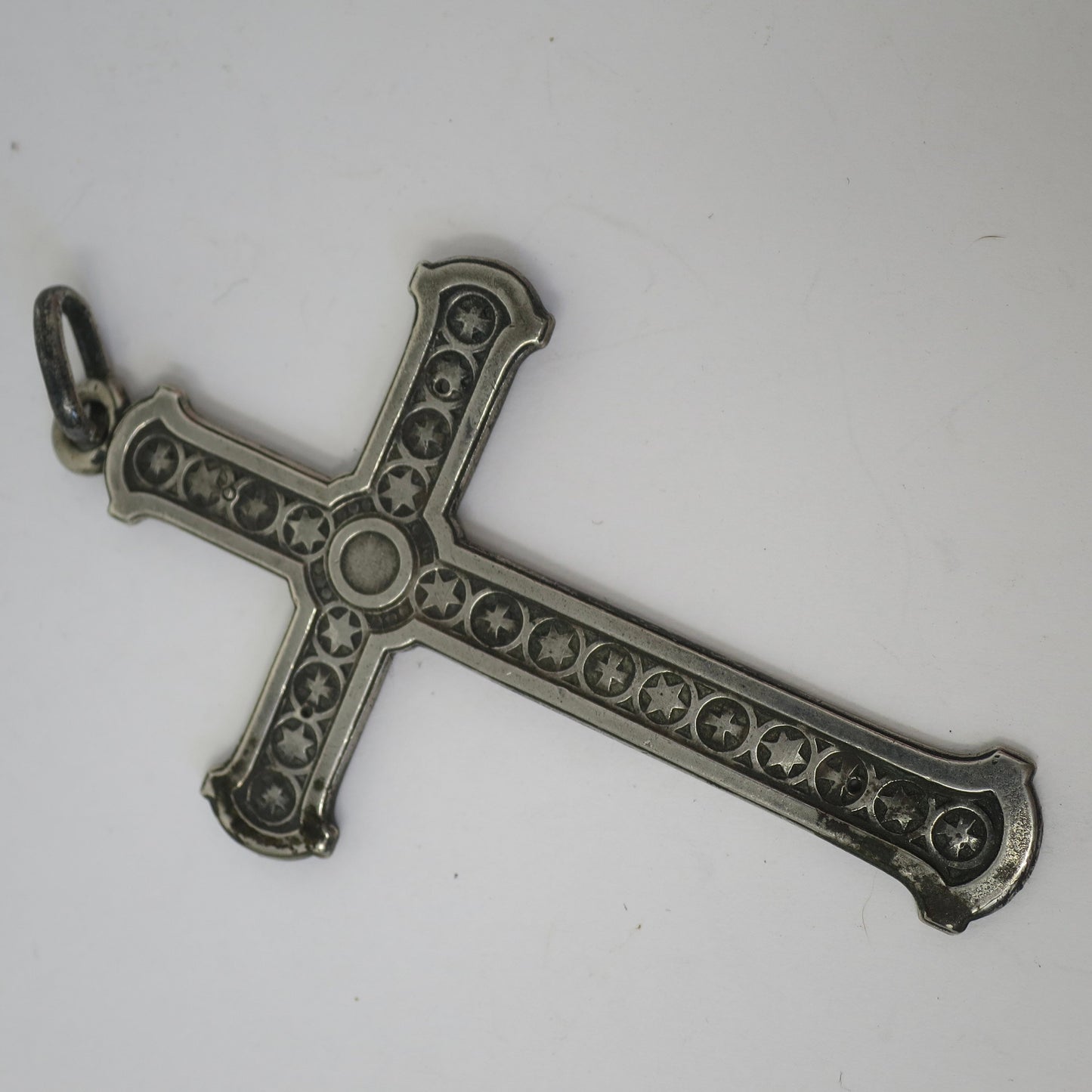Antique French Continental Silver Engraved Stars Cross Pendant