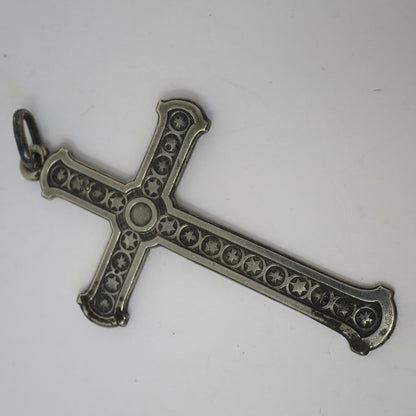 Antique French Continental Silver Engraved Stars Cross Pendant