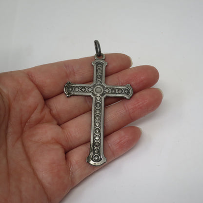 Antique French Continental Silver Engraved Stars Cross Pendant