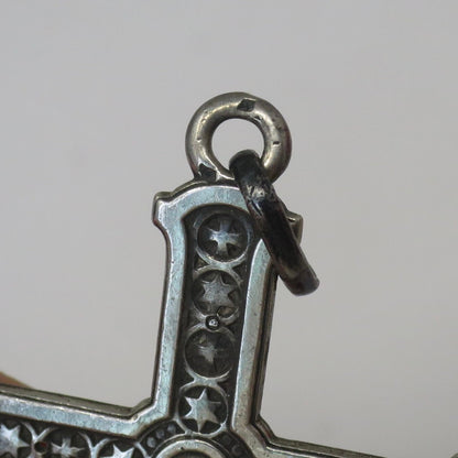 Antique French Continental Silver Engraved Stars Cross Pendant