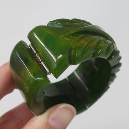 Vintage Heavily Carved Marbled Green Bakelite Clamper, Golden Yellow Veins, Hinged Catalin Bangle