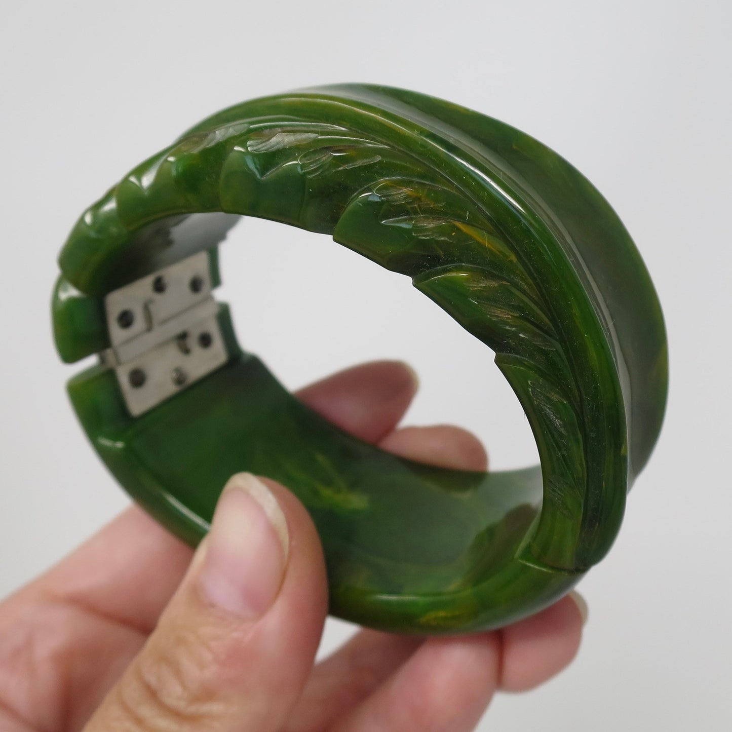 Vintage Heavily Carved Marbled Green Bakelite Clamper, Golden Yellow Veins, Hinged Catalin Bangle