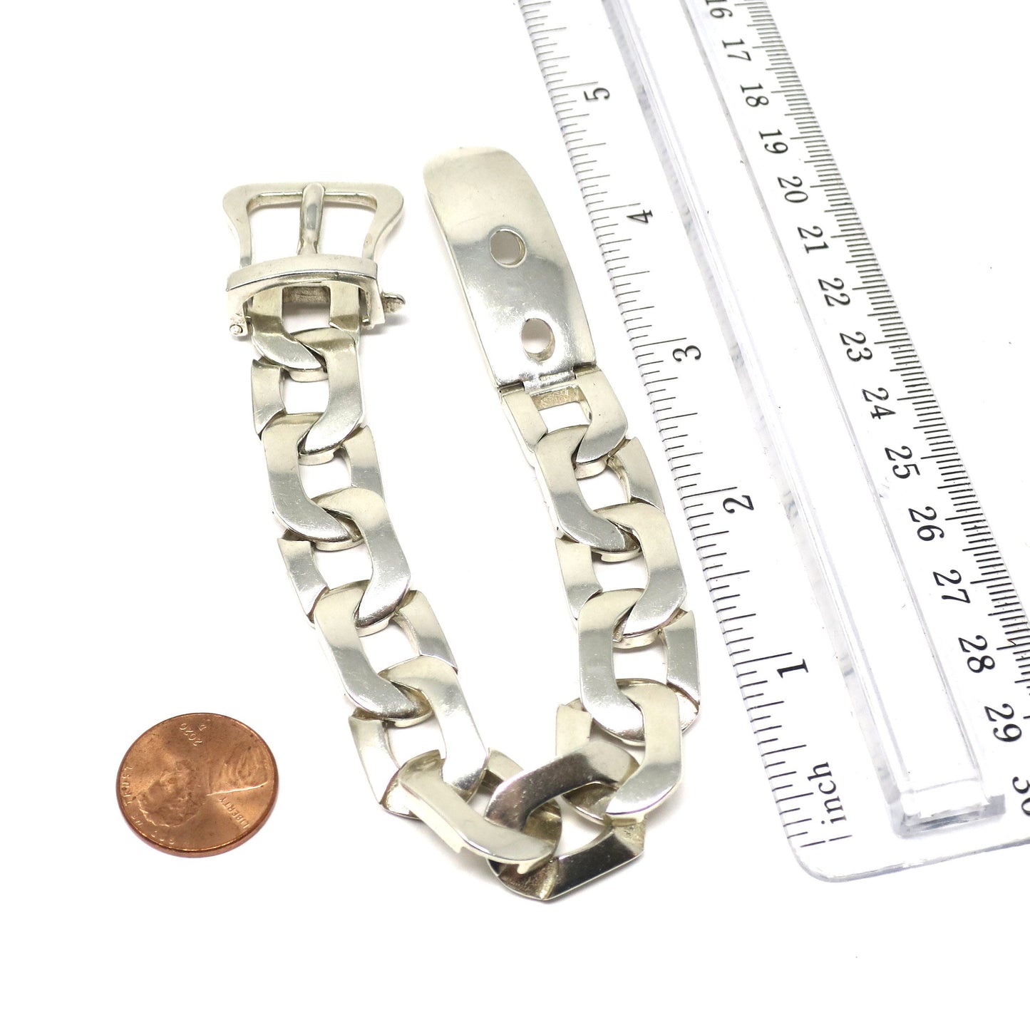 Heavy 1970s Vintage Industrial Argentina Sterling Silver Buckle Bracelet, 66.7grams