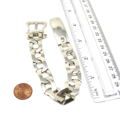 Heavy 1970s Vintage Industrial Argentina Sterling Silver Buckle Bracelet, 66.7grams