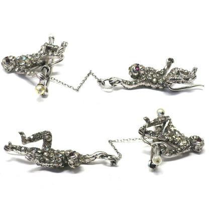 1920s Signed Sterling Silver Antique Art Deco 3D Monkey Pastes Pin Brooch