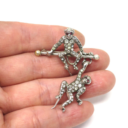 1920s Signed Sterling Silver Antique Art Deco 3D Monkey Pastes Pin Brooch