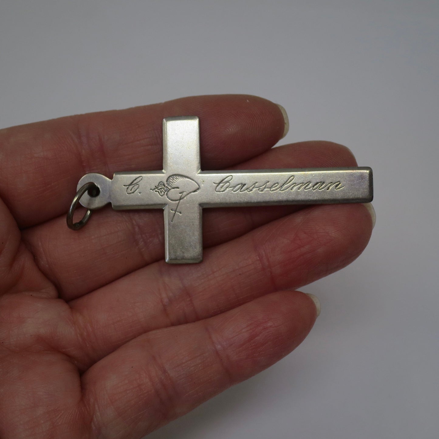 1896 Antique Silver Nun's Cross Hand Engraved with Sacred Hearts Pendant