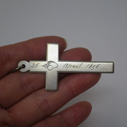 1896 Antique Silver Nun's Cross Hand Engraved with Sacred Hearts Pendant