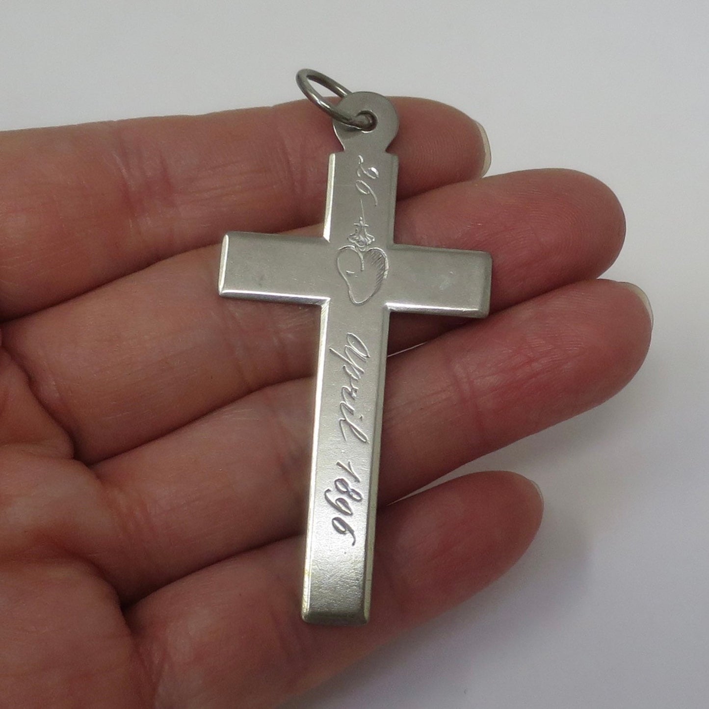 1896 Antique Silver Nun's Cross Hand Engraved with Sacred Hearts Pendant