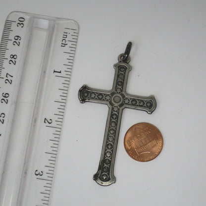 Antique French Continental Silver Engraved Stars Cross Pendant