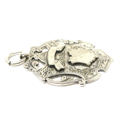 Antique Victorian 1907 Heavy Birmingham Engraved Sterling Silver Medal Shield Watch Fob Pendant